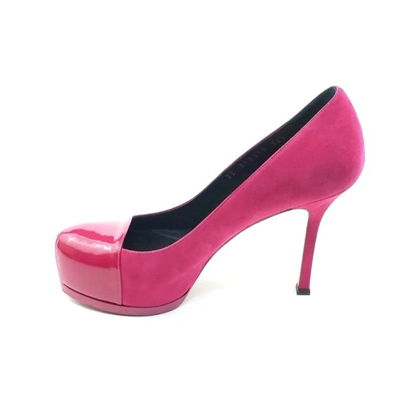 Yves Saint Laurent Tribtoo Platform Pumps Pink Suede Patent Cap Toe 36.5 US 6.5 - Picture 10 of 12